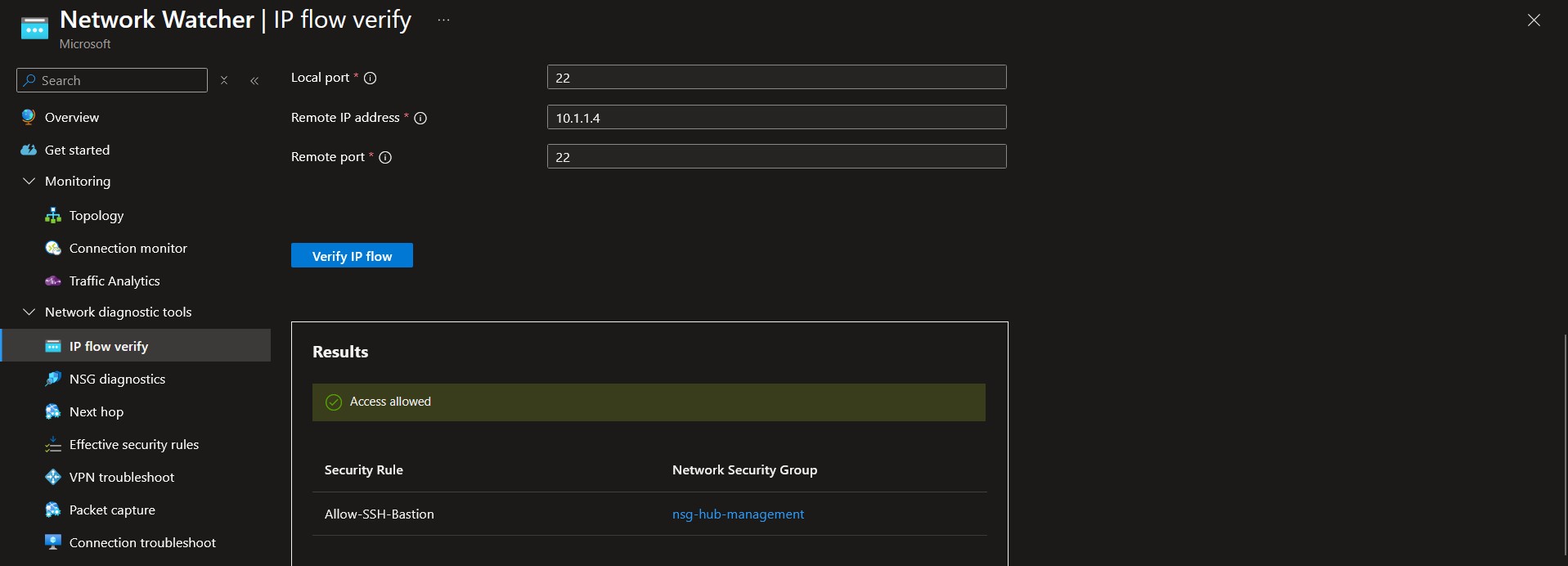 IP Flow Verify confirming SSH traffic from the hub to the spoke1 web VM is allowed.